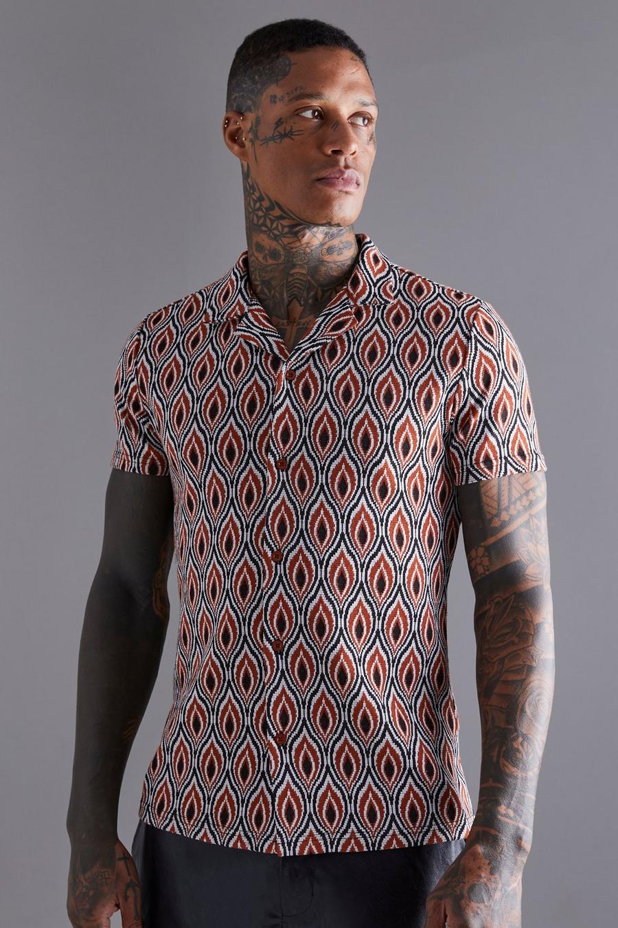 Orange Short Sleeve Muscle Fit Feather Pattern Shirt