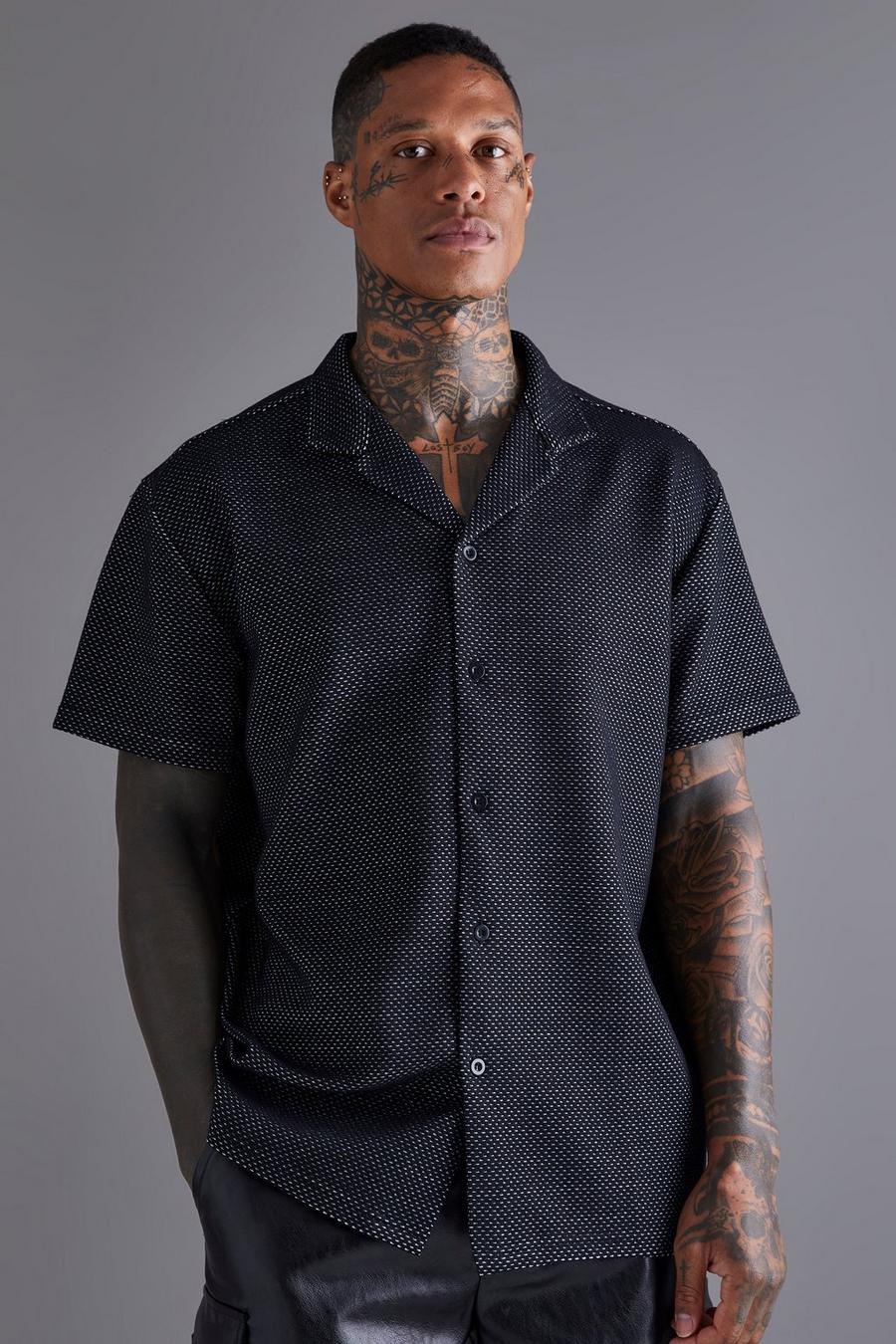Black Short Sleeve Oversized Perforated Texture Jersey Shirt image number 1