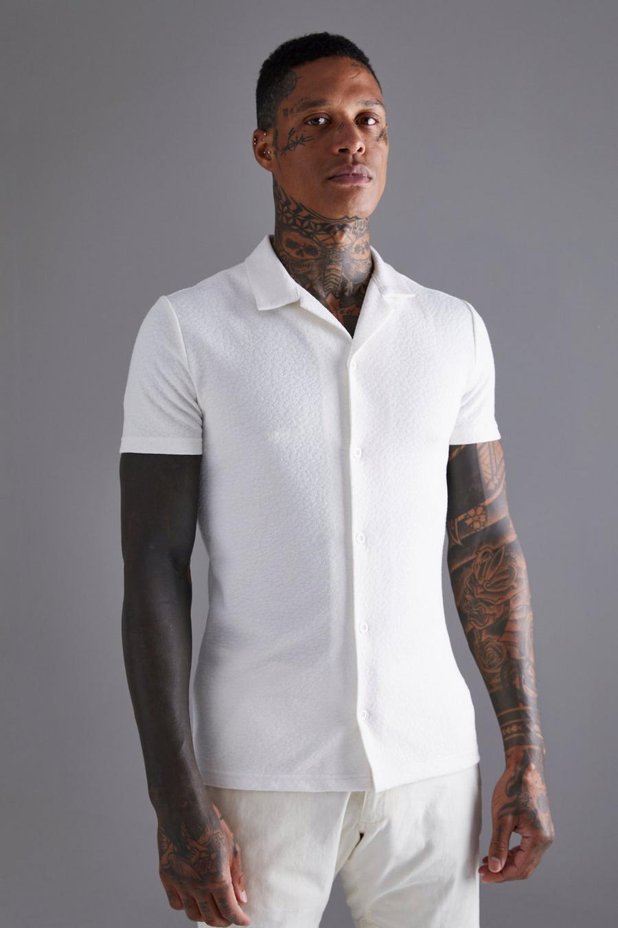 Ecru white Short Sleeve Muscle Fit Bubble Texture Shirt