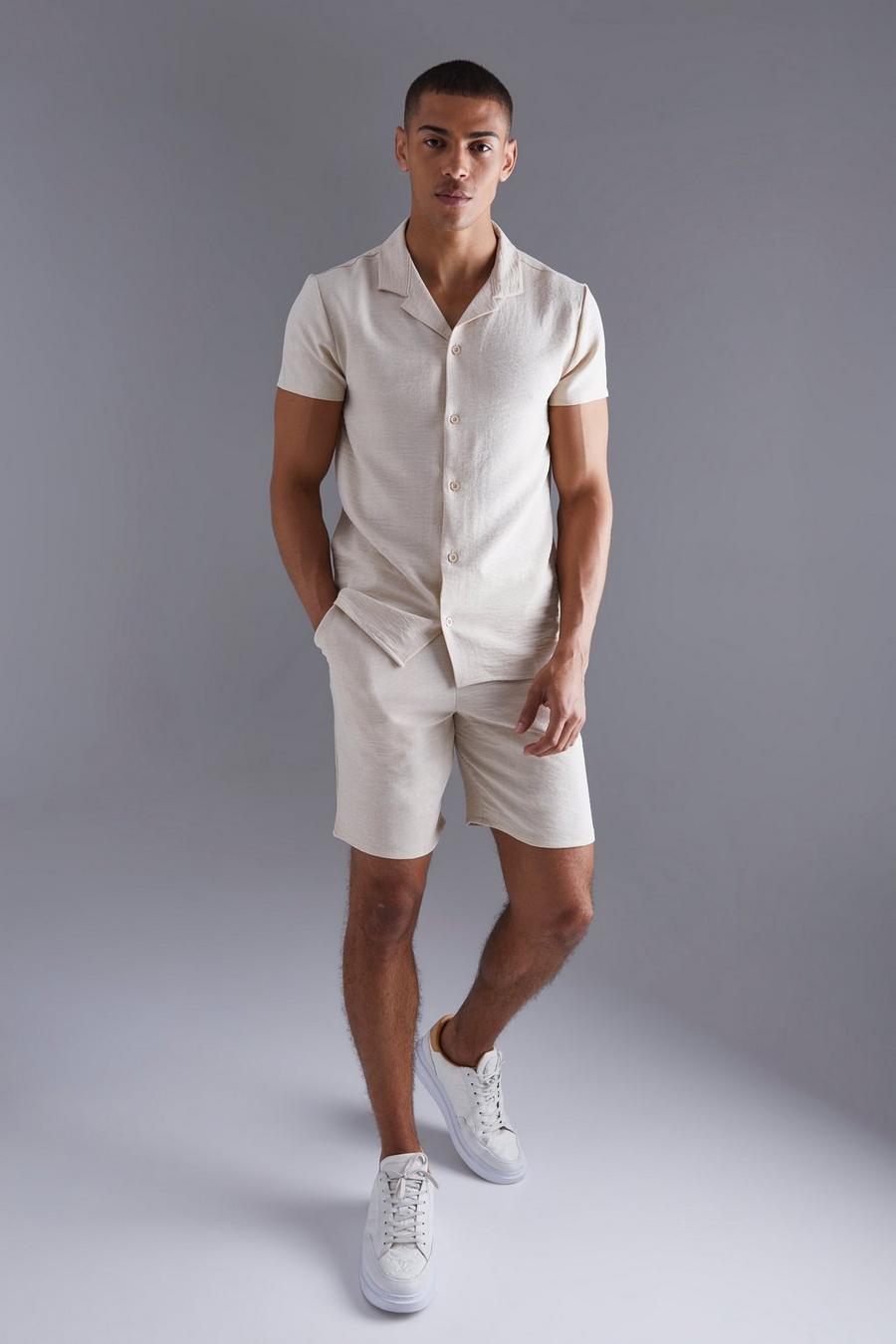 Ecru white Short Sleeve Revere Linen Shirt And Short