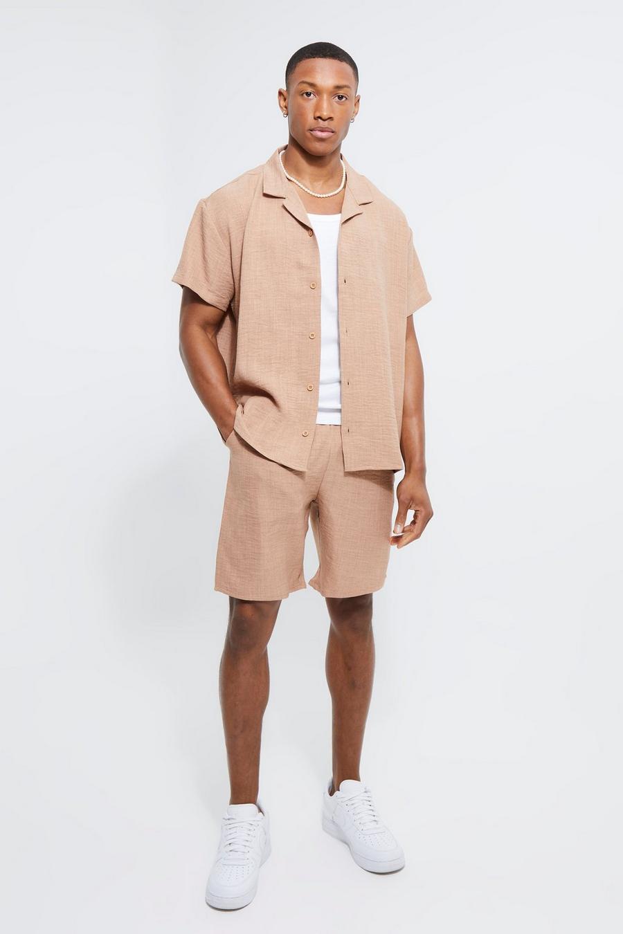 Chocolate brown Short Sleeve Boxy Linen Shirt And Short image number 1