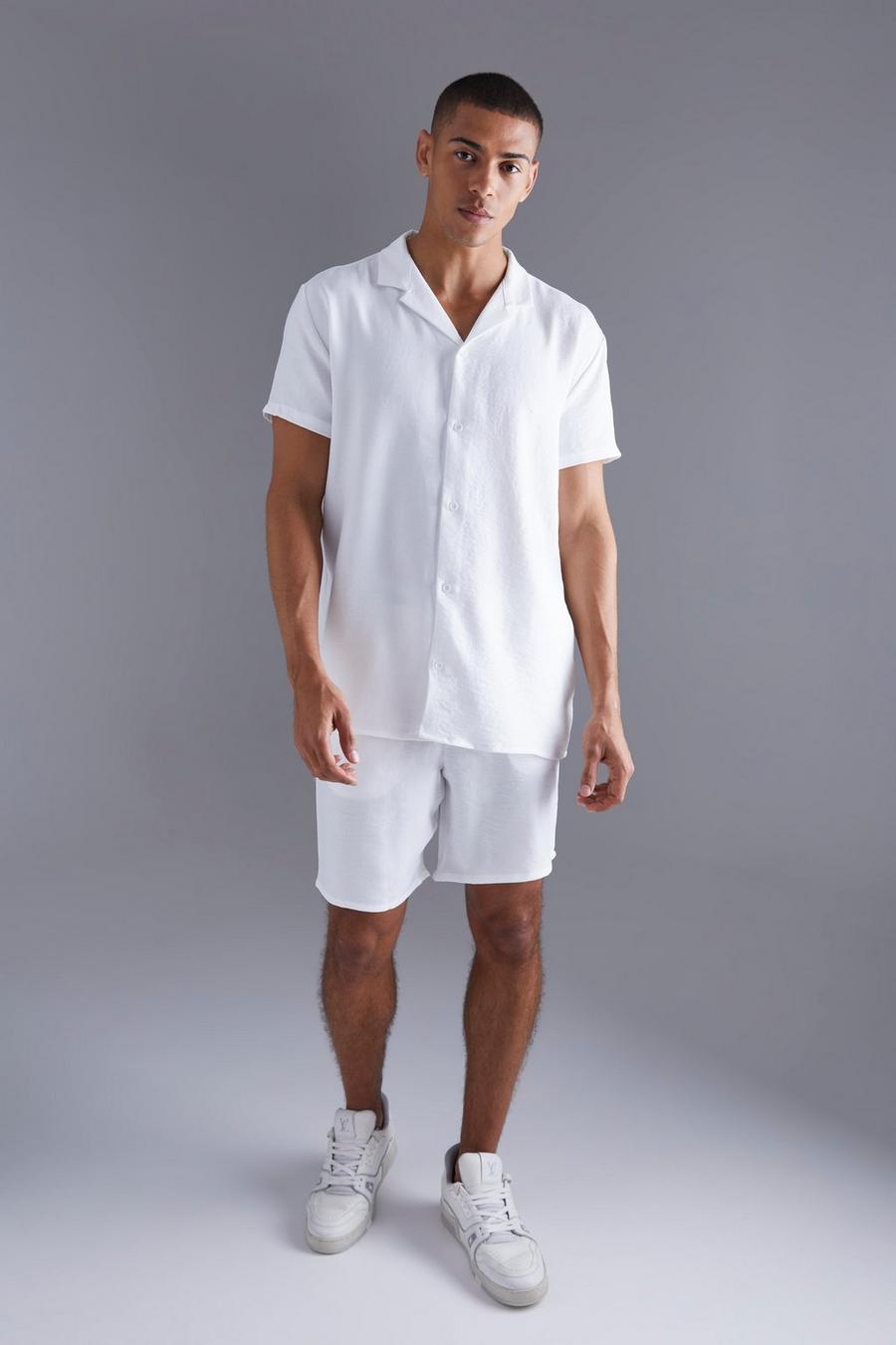 White vit Short Sleeve Oversized Linen Revere Shirt And Short