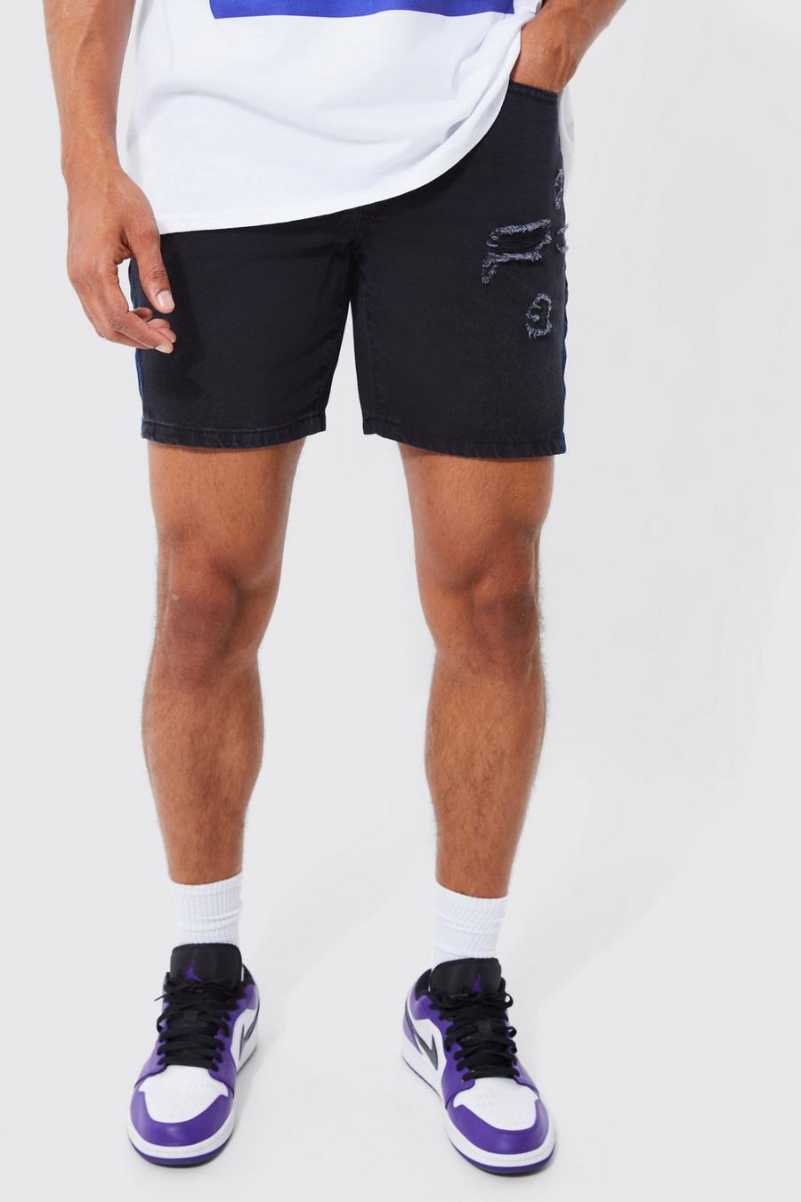 Washed black Slim Panel Distressed Denim Shorts