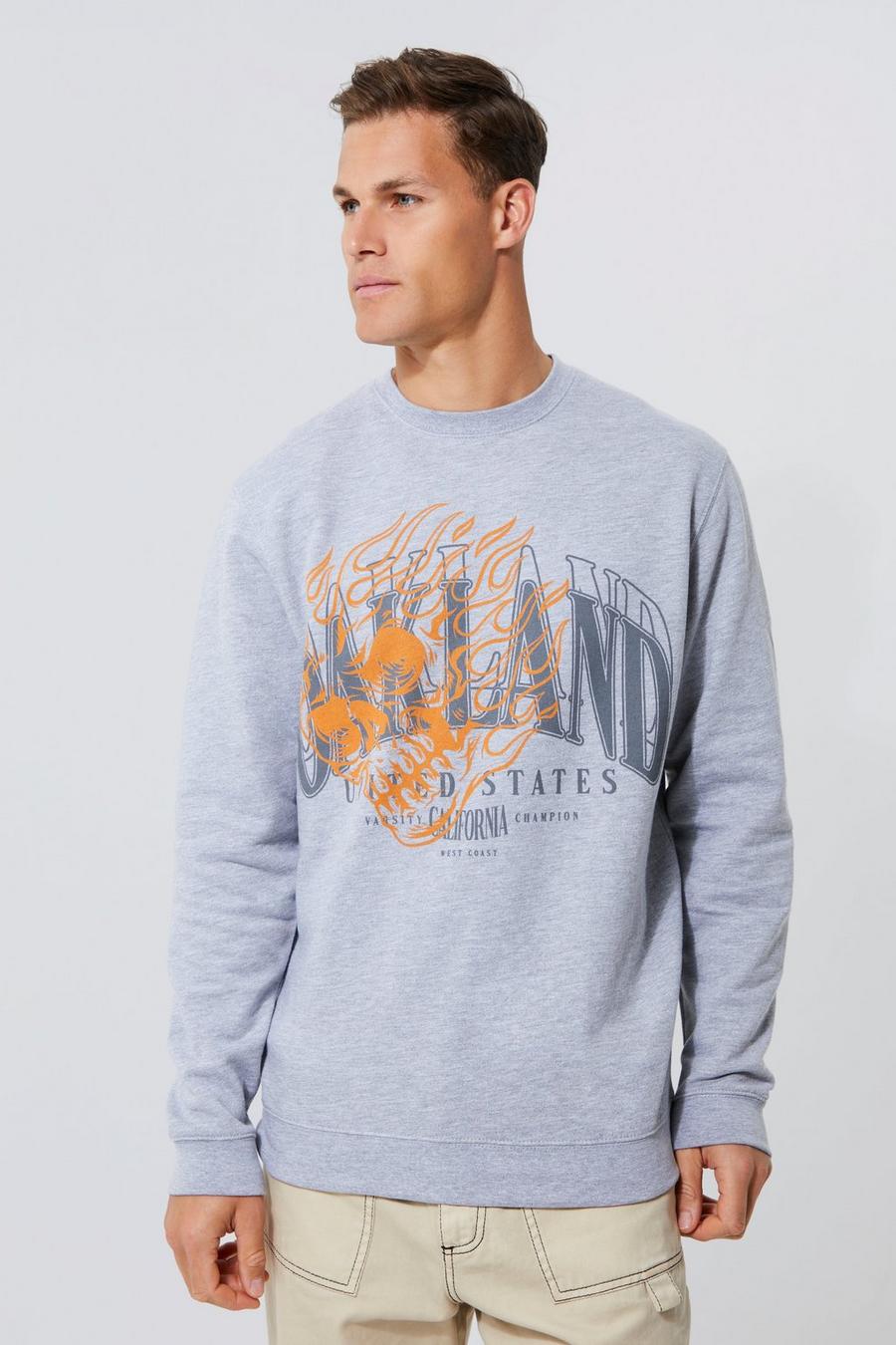 Tall Flame Skull Graphic Sweatshirt, Grey marl grigio