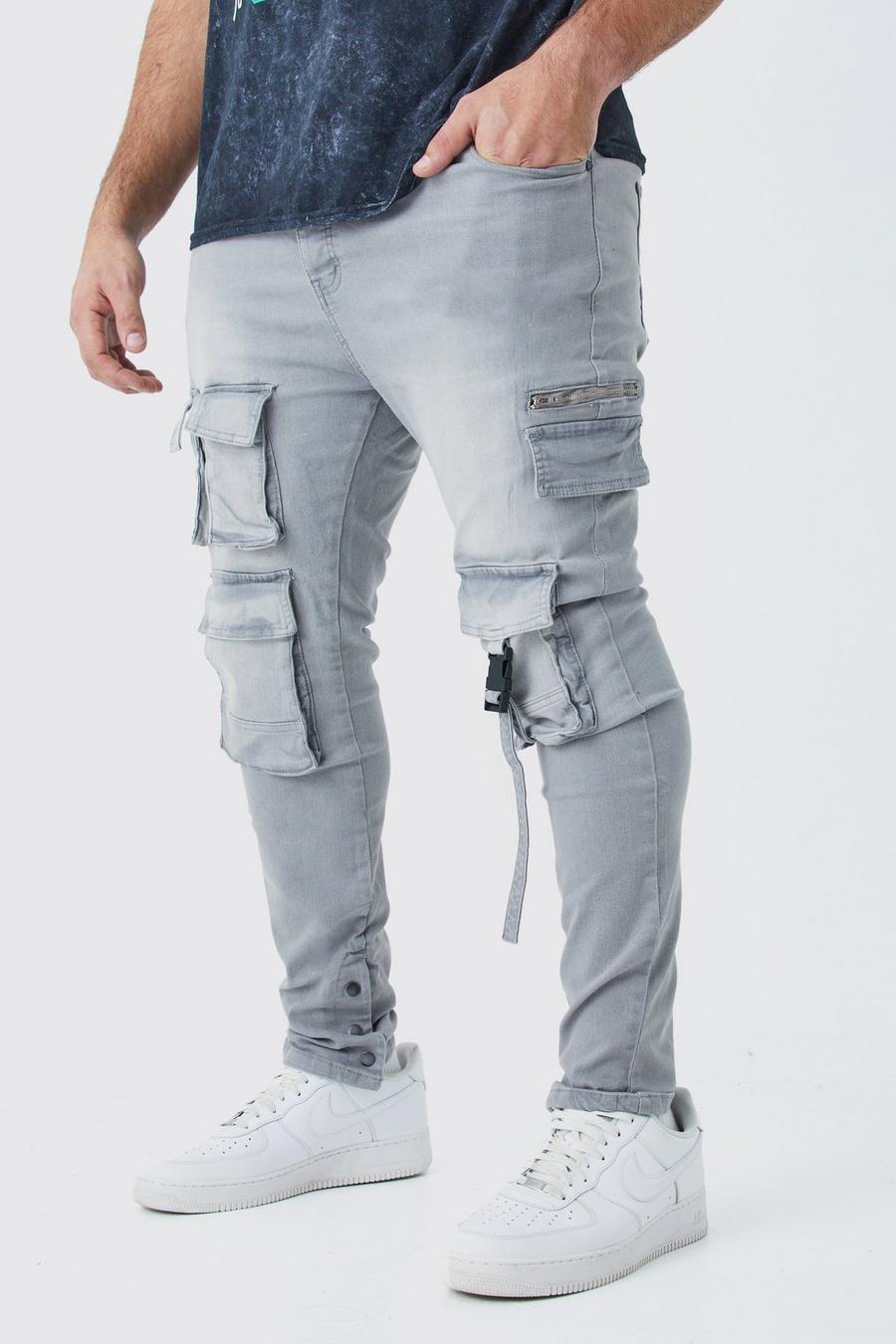 Grey Plus Skinny Stretch Multi Pocket Cargo Jeans