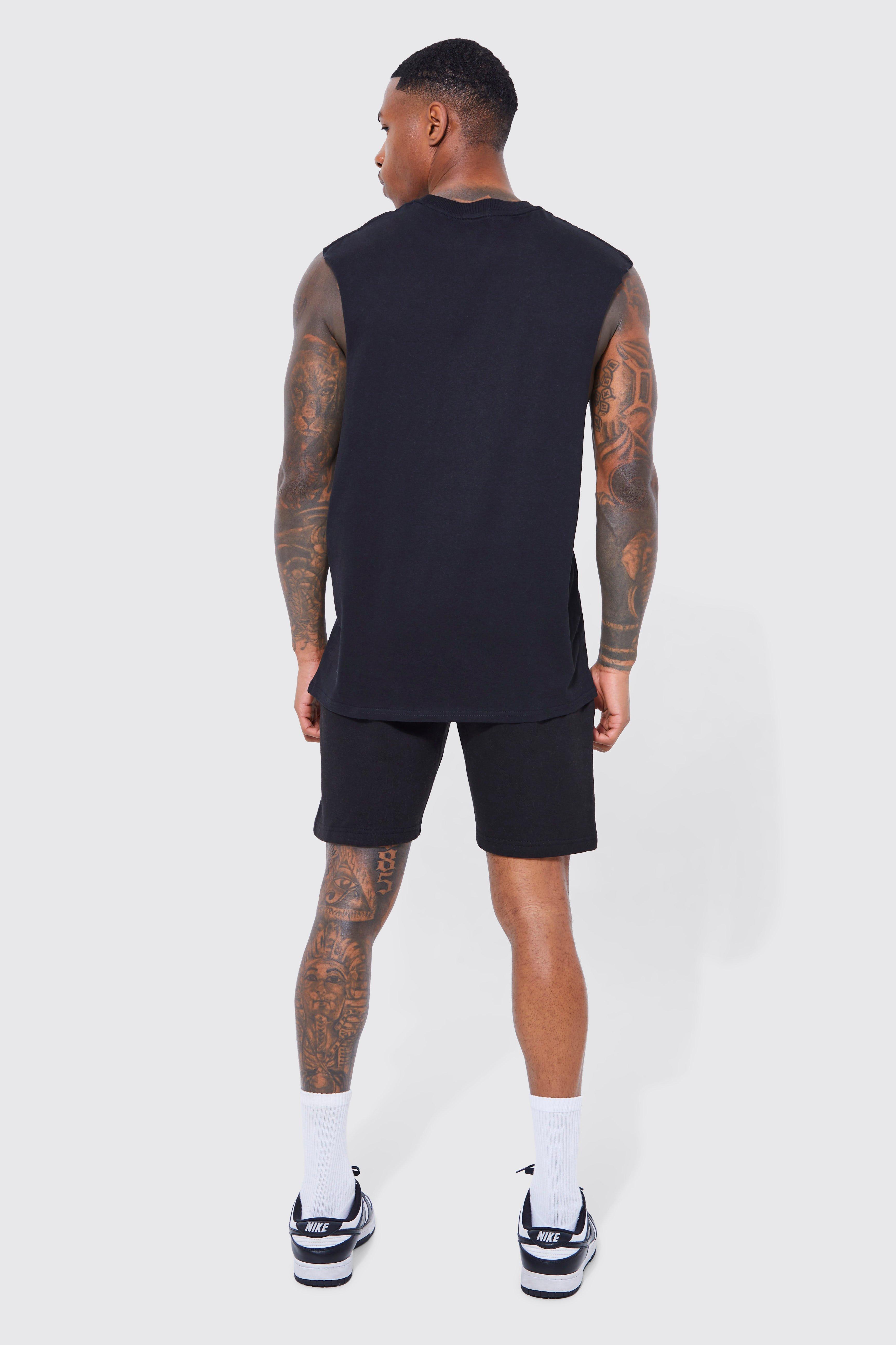 Man Signature Drop Armhole Tank Short Set boohoo IE