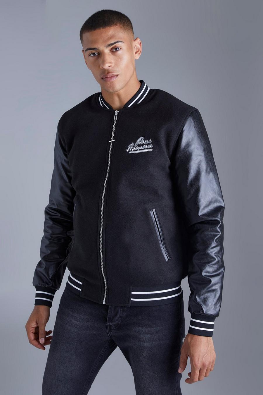 Black Pour Homme Varsity Jacket With Pu Sleeves