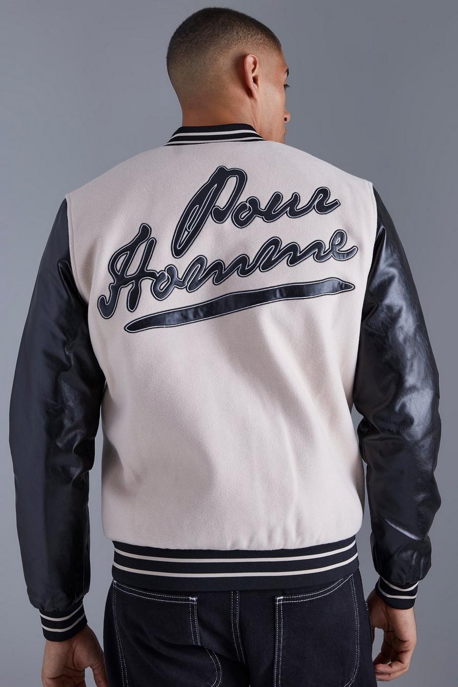 Beige Pour Homme Varsity Jacket With Pu Sleeves image number 1