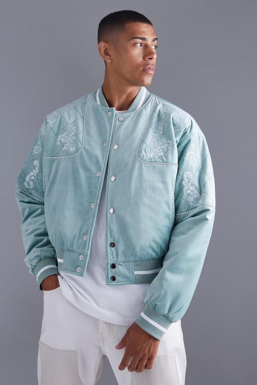 Sage Boxy Velour Quilted Embroidered Bomber image number 1