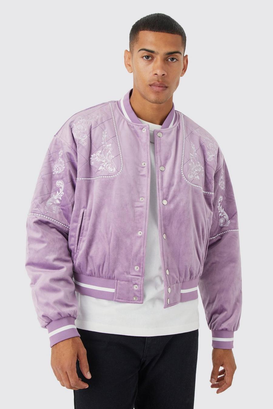 Lilac violet Boxy Velour Quilted Embroidered Bomber