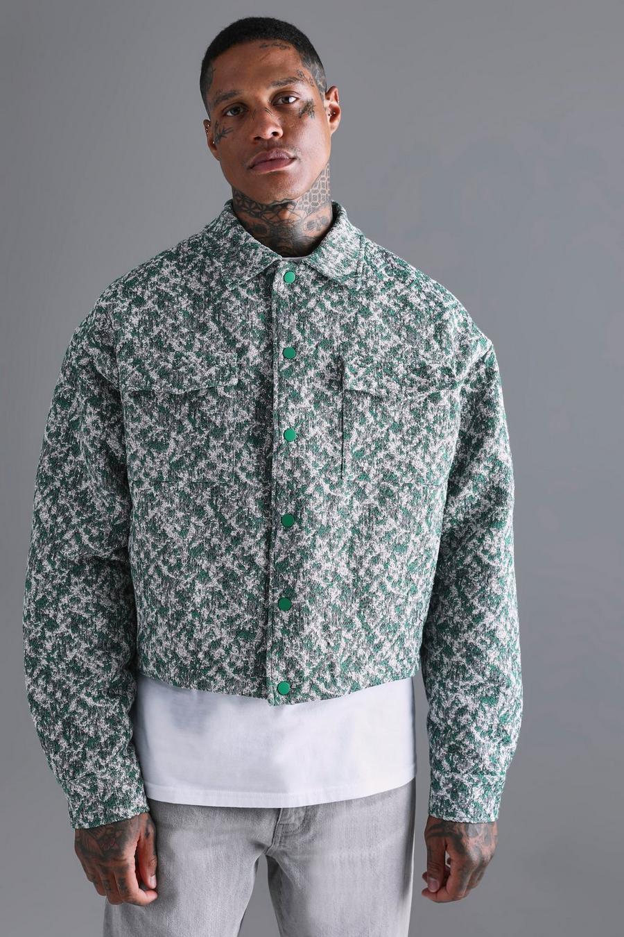 Green Boxy Textured Jacquard Collared Jacket image number 1
