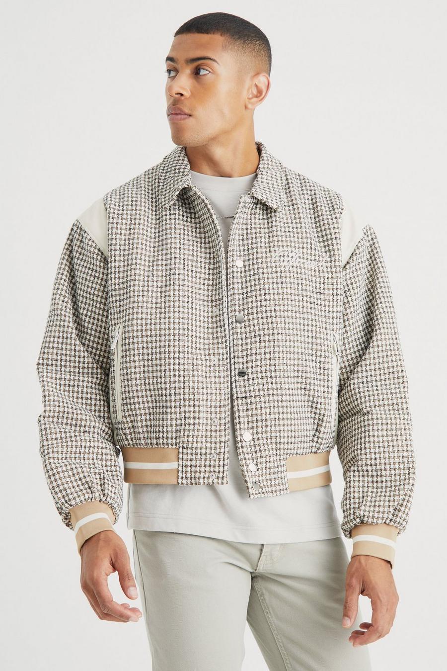 Stone beige Boxy Check Collared Bomber With Pu Panels