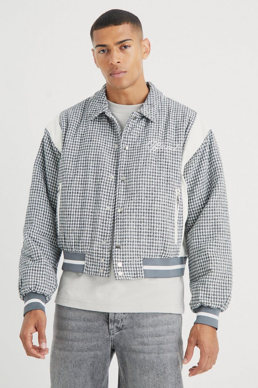 Pale grey Boxy Check Collared Bomber With Pu Panels image number 1