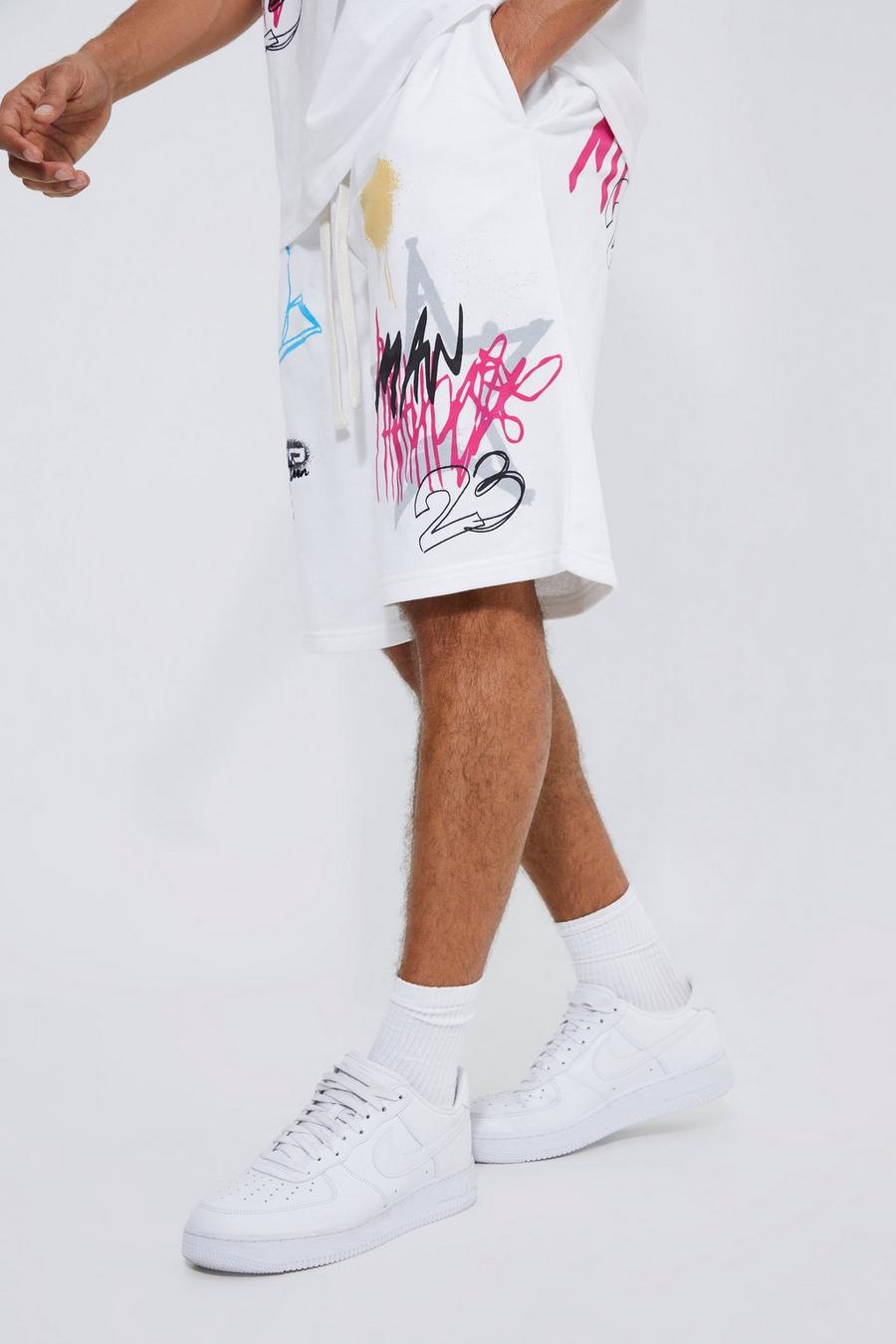 Pantalón corto oversize con grafiti, White image number 1
