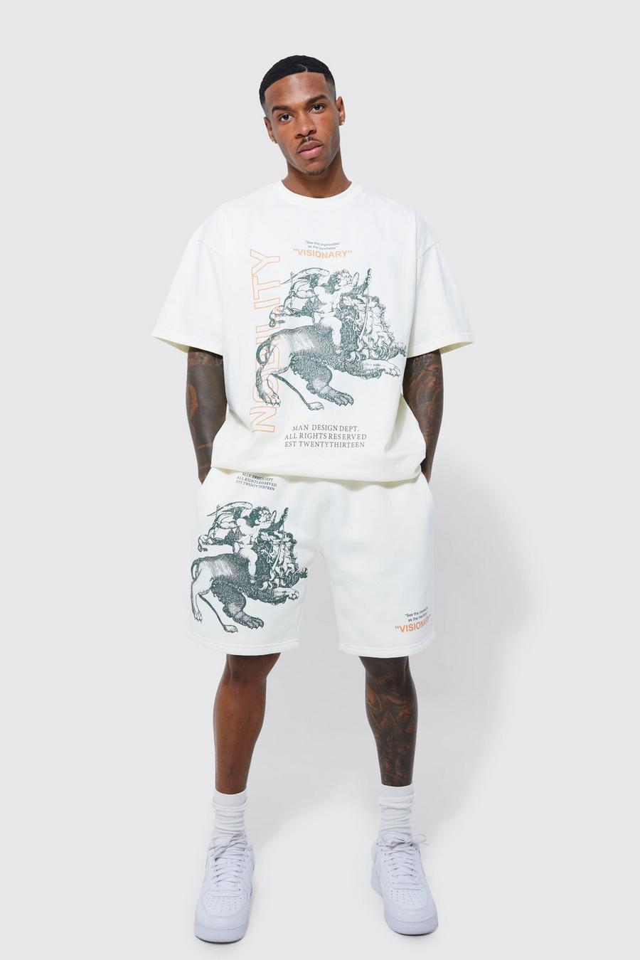 Oversize T-Shirt & Shorts mit Renaissance-Print, Ecru image number 1