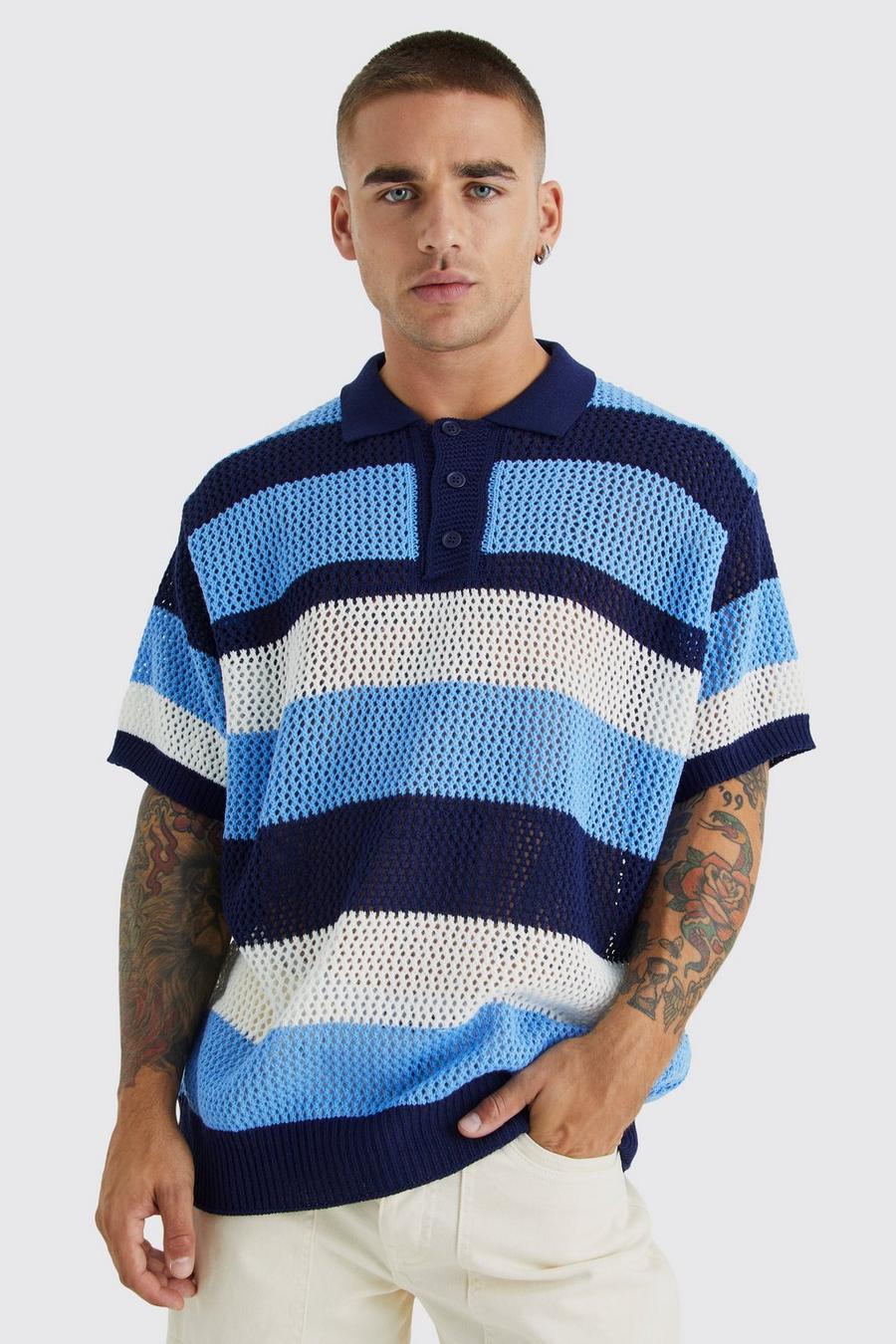 Blue Short Sleeve Oversized Crochet Stripe Polo image number 1