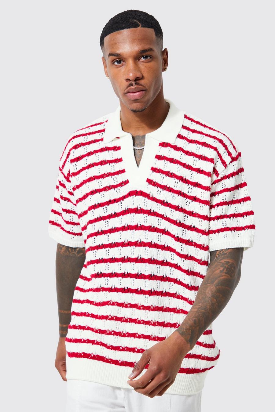 Red Short Sleeve Oversized Crochet Stripe Polo