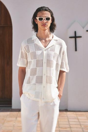 Short Sleeve Checkerboard Open Stitch Shirt ecru