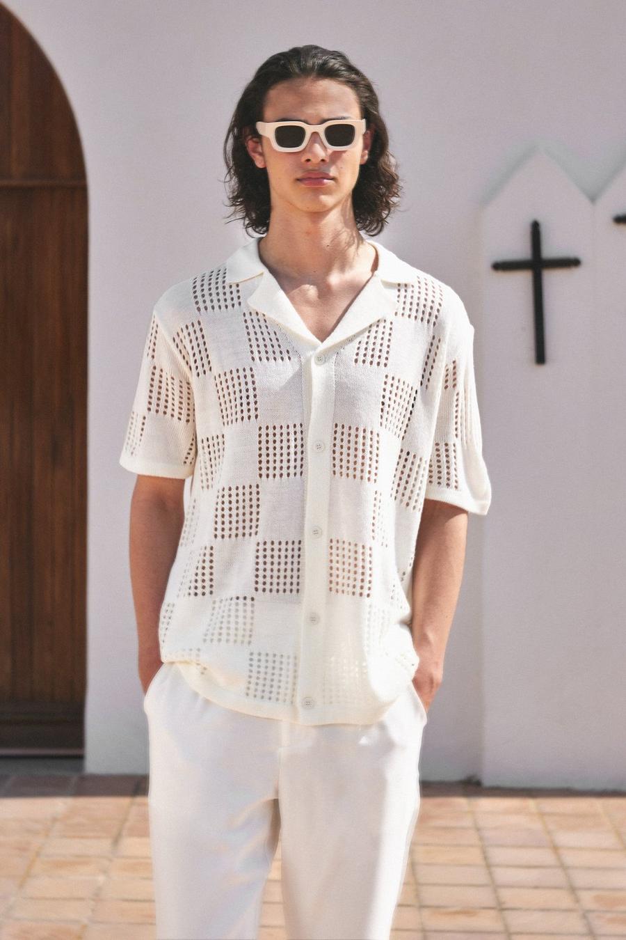 Ecru white Short Sleeve Checkerboard Open Stitch Shirt