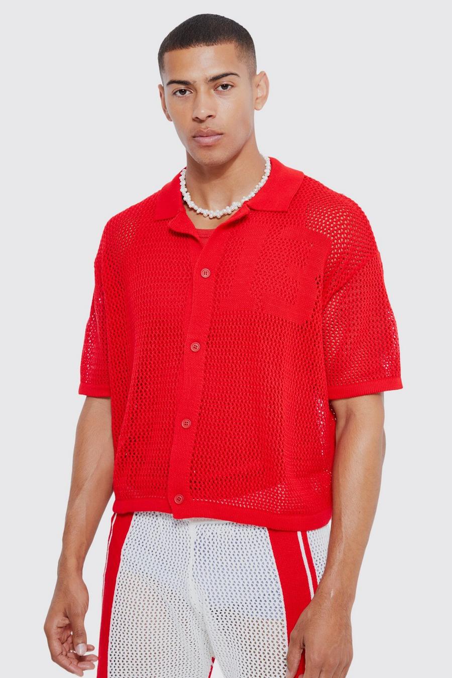 Red Short Sleeve Boxy Open Stitch Varsity Knit Shirt image number 1