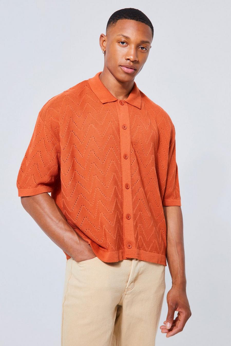 Camicia squadrata a maniche corte in maglia traforata, Burnt orange arancio