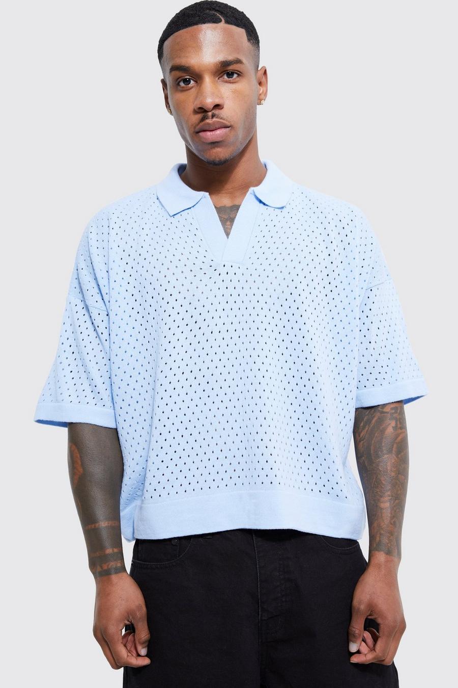 Pale blue Short Sleeve Boxy Fit Revere Open Knit Polo image number 1