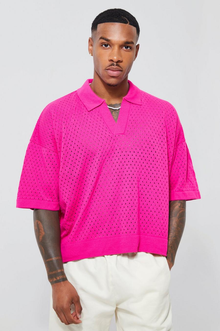 Hot pink rose Short Sleeve Boxy Fit Revere Open Knit Polo