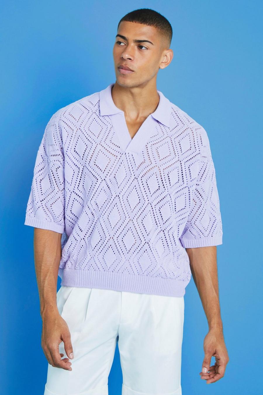 Lilac purple Short Sleeve Boxy Fit Revere Open Knit Polo