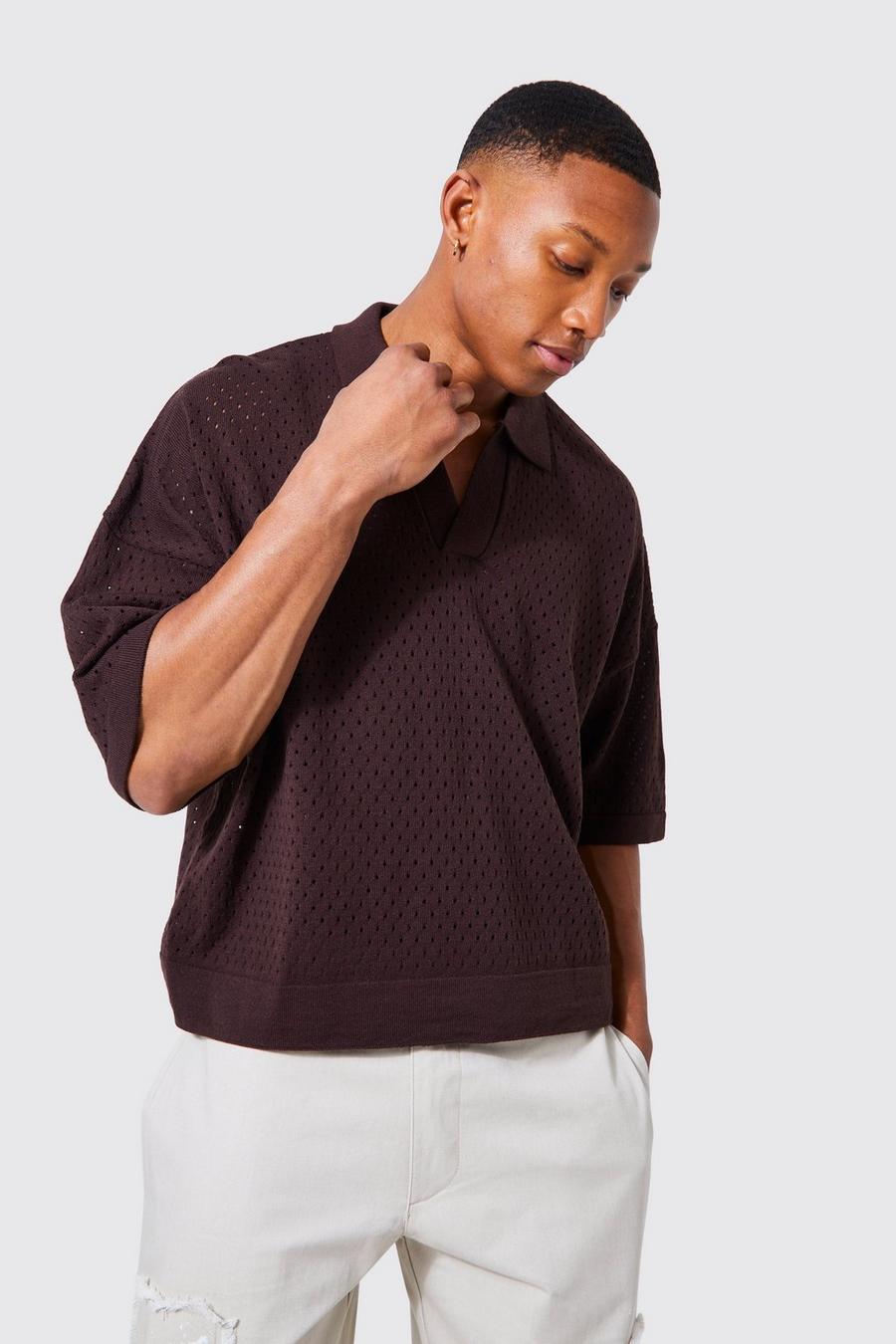 Chocolate marrón Short Sleeve Boxy Fit Revere Open Knit Polo image number 1