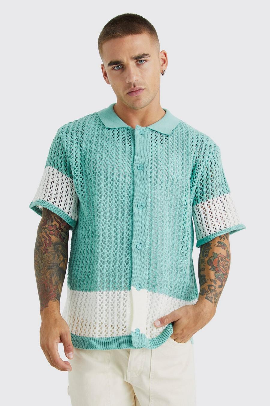 Sage green Short Sleeve Stripe Knitted Open Stitch Shirt