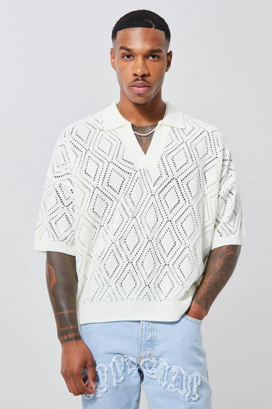 Ecru Short Sleeve Boxy Fit Revere Open Knit Polo image number 1