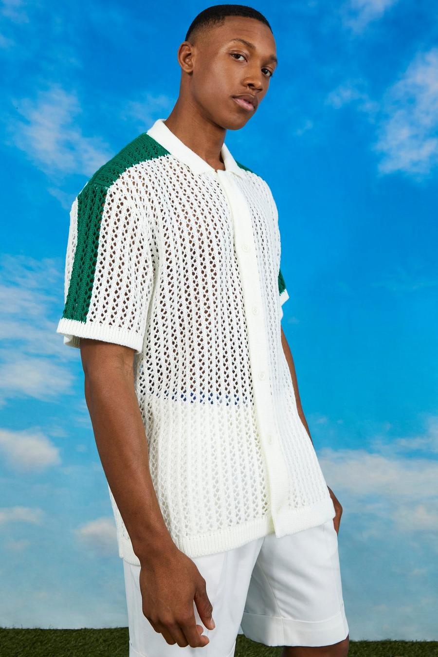 Ecru white Short Sleeve Colour Block Knit Open Stitch Shirt