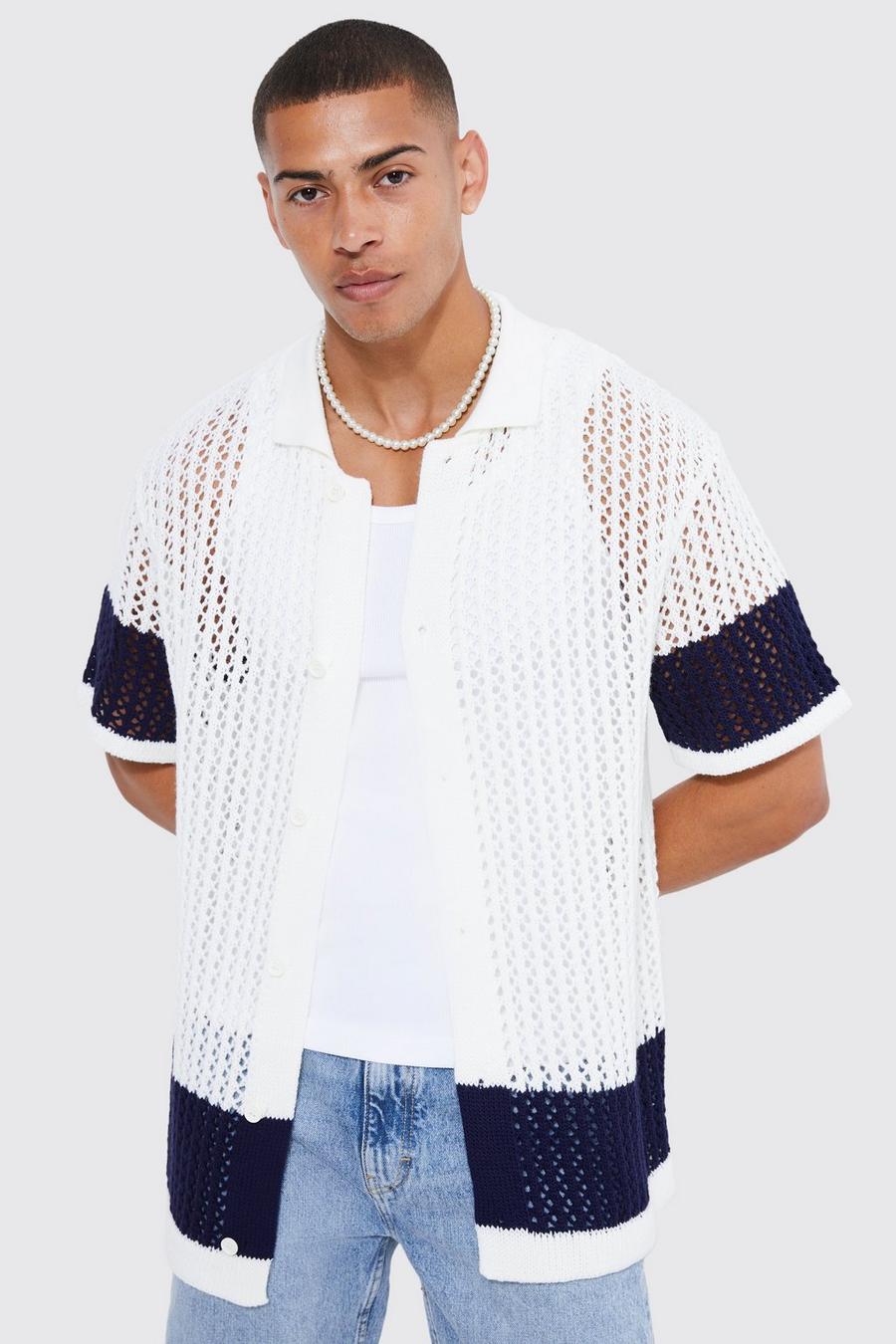 Ecru white Short Sleeve Stripe Knitted Open Stitch Shirt