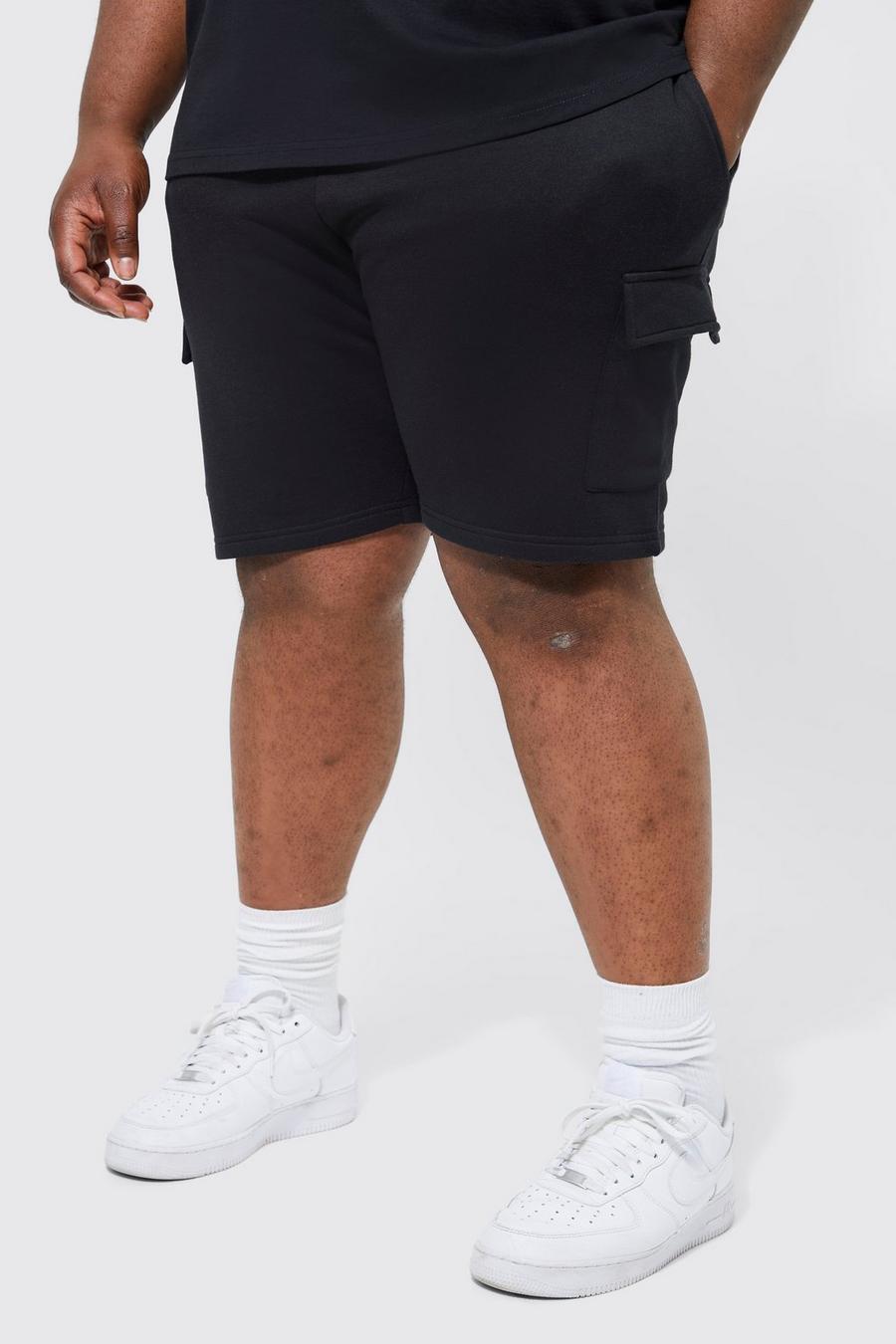 Black schwarz Plus Slim Fit Mid Length Jersey Cargo Short