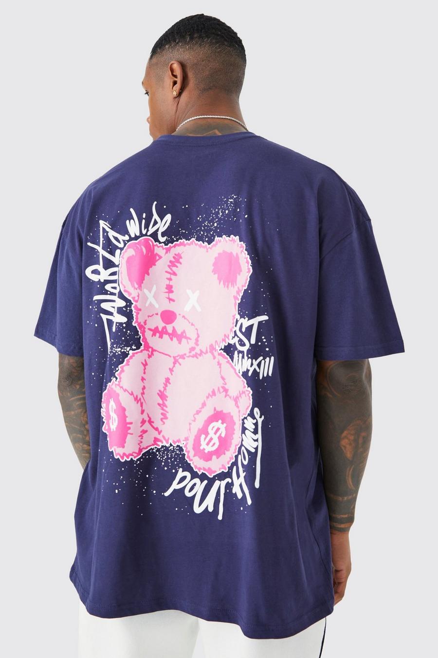 Navy Oversized Teddy Back Graphic T-shirt