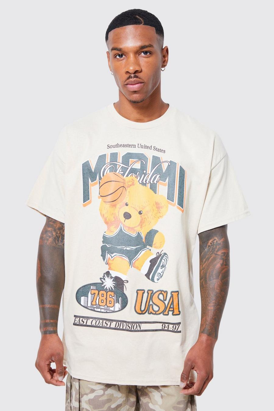 Camiseta oversize con estampado gráfico de osito universitario, Sand image number 1