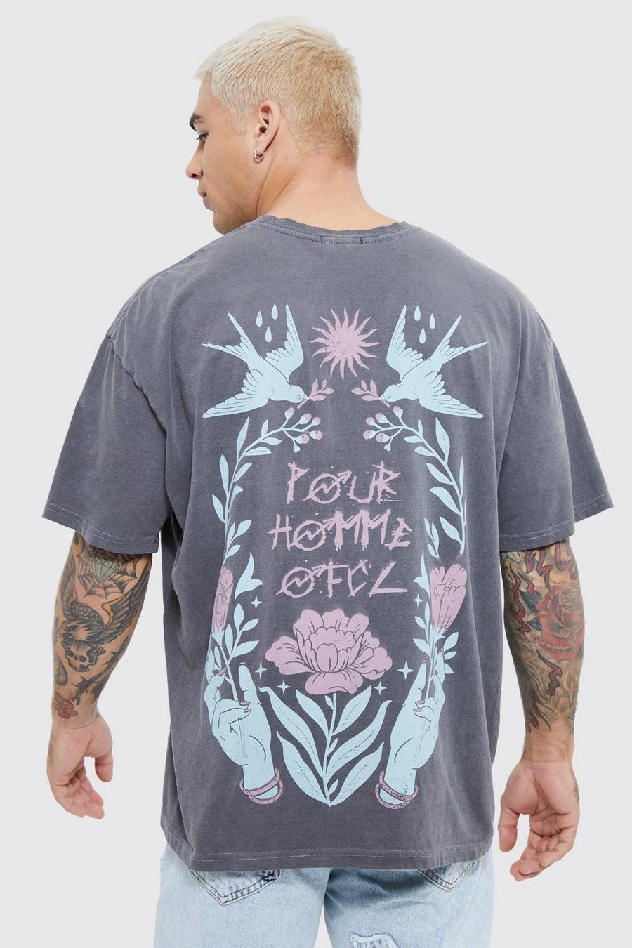 T-shirt oversize sovratinta con grafica di tarocchi e uccelli, Charcoal grigio