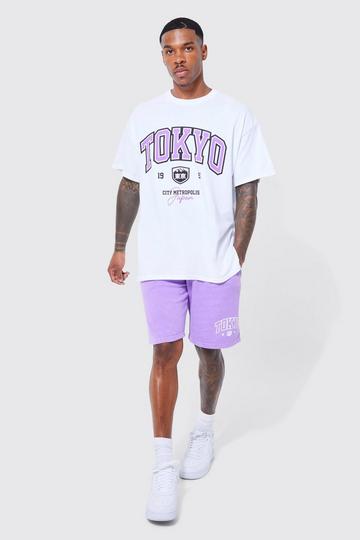 Oversized Overdyed Tokyo Varsity T-shirt Set purple