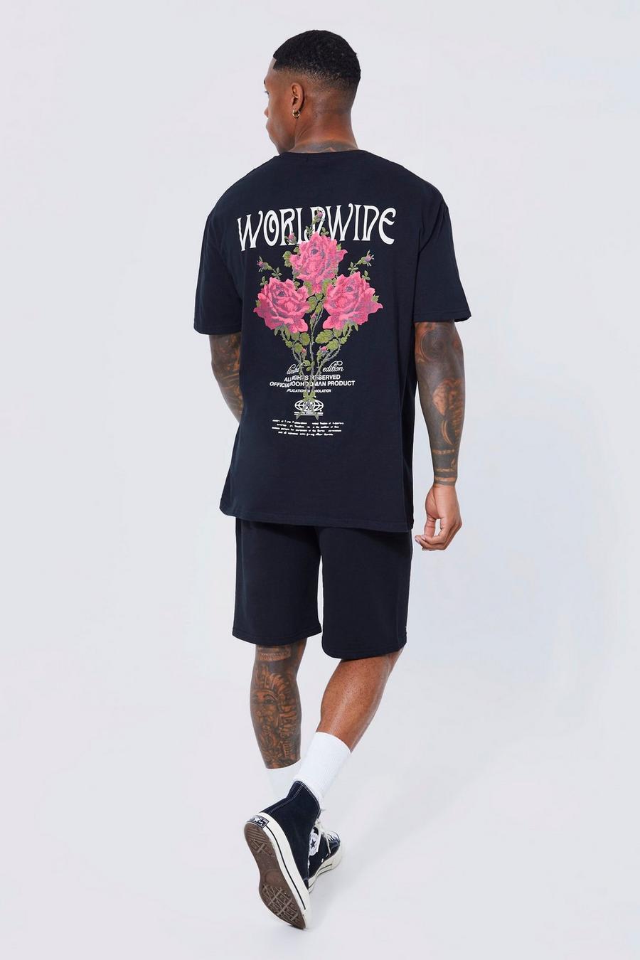 Black noir Oversized Floral Back Graphic T-shirt Set