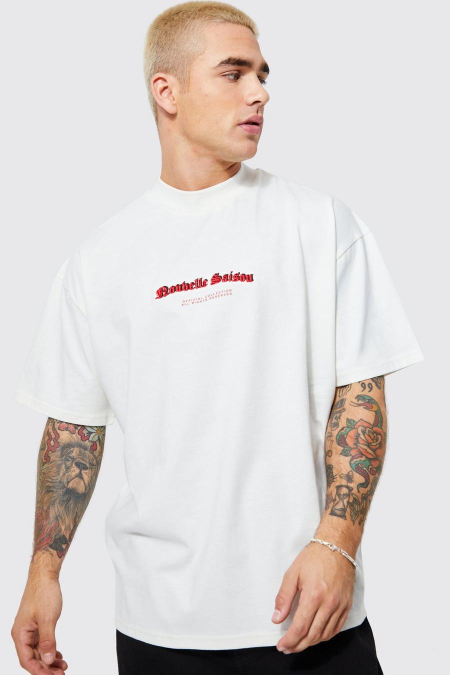 Ecru blanco Oversized Embroidered Heavyweight T-shirt