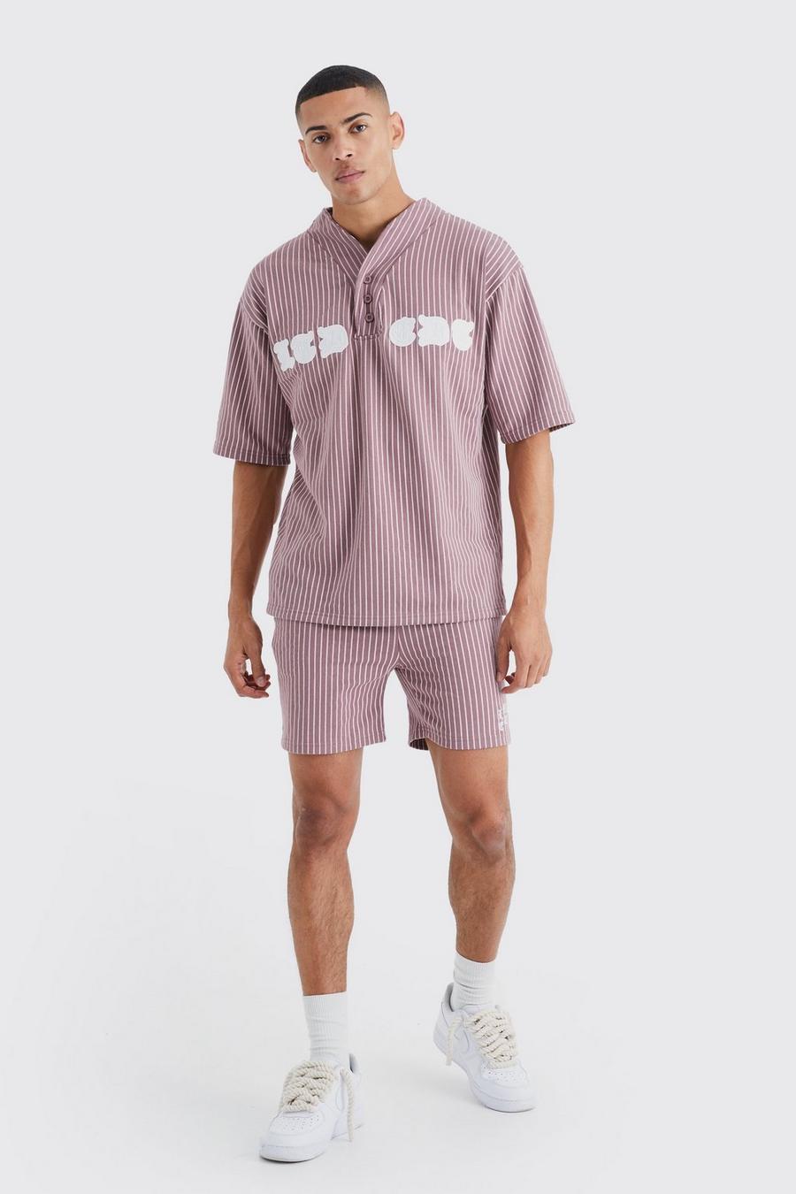 Oversize Nadelstreifen Baseball-Poloshirt & Shorts, Mauve image number 1