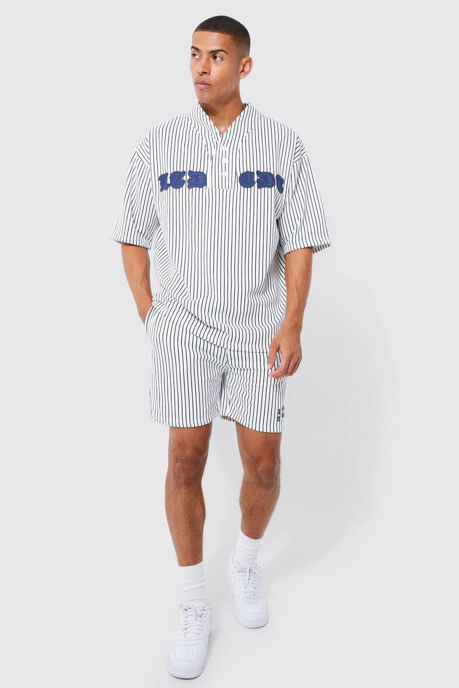 Oversize Nadelstreifen Baseball-Poloshirt & Shorts, Ecru image number 1