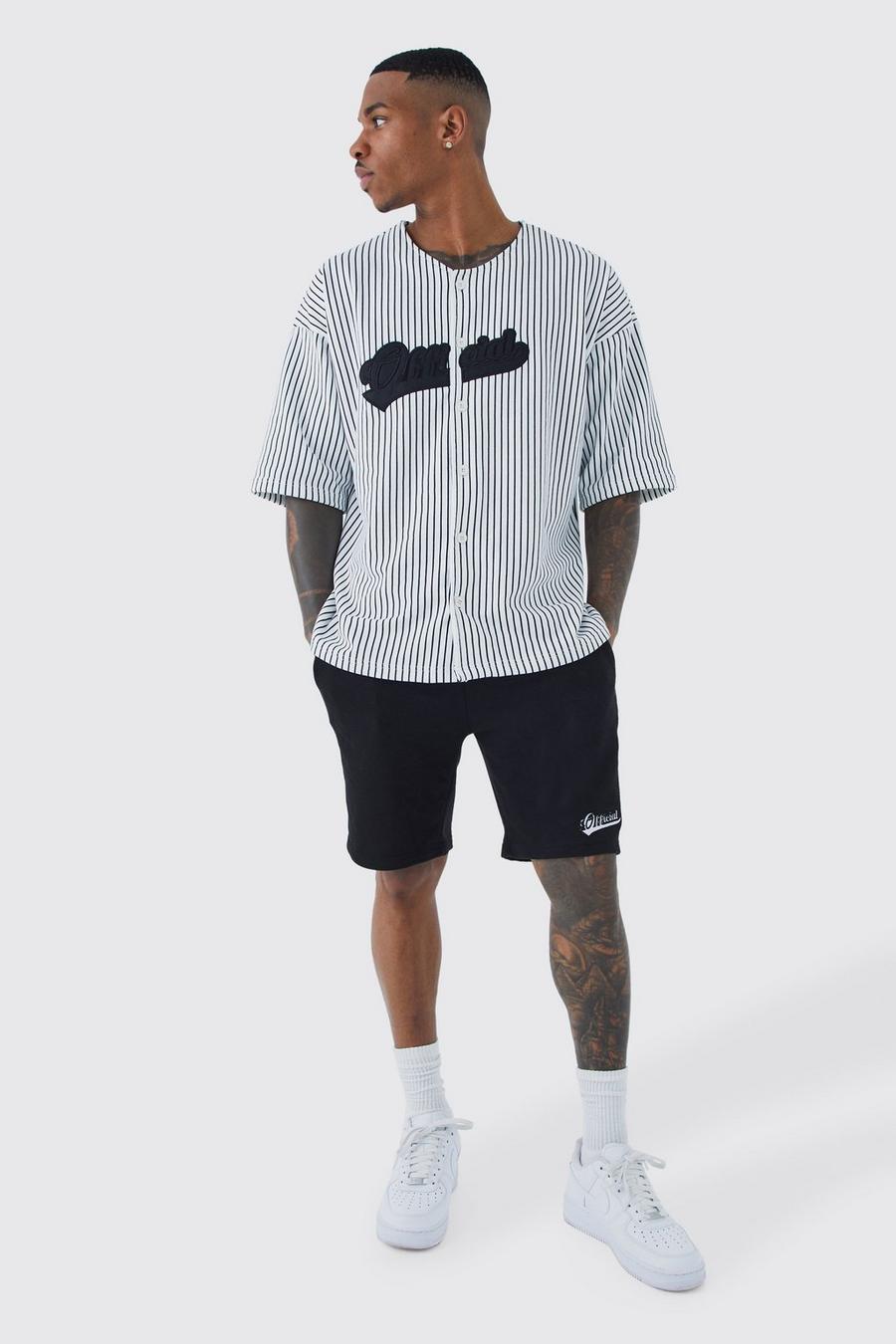 Black Oversized Baseball Overhemd Met Krijtstrepen En Shorts Set image number 1