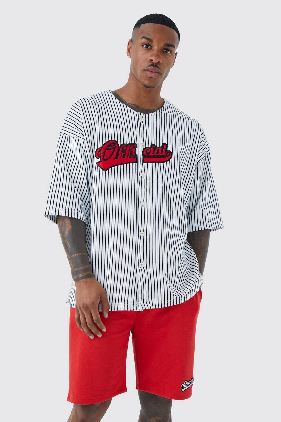 boohoo Mens Oversized Pinstripe Baseball Shirt & Short Set - Red S