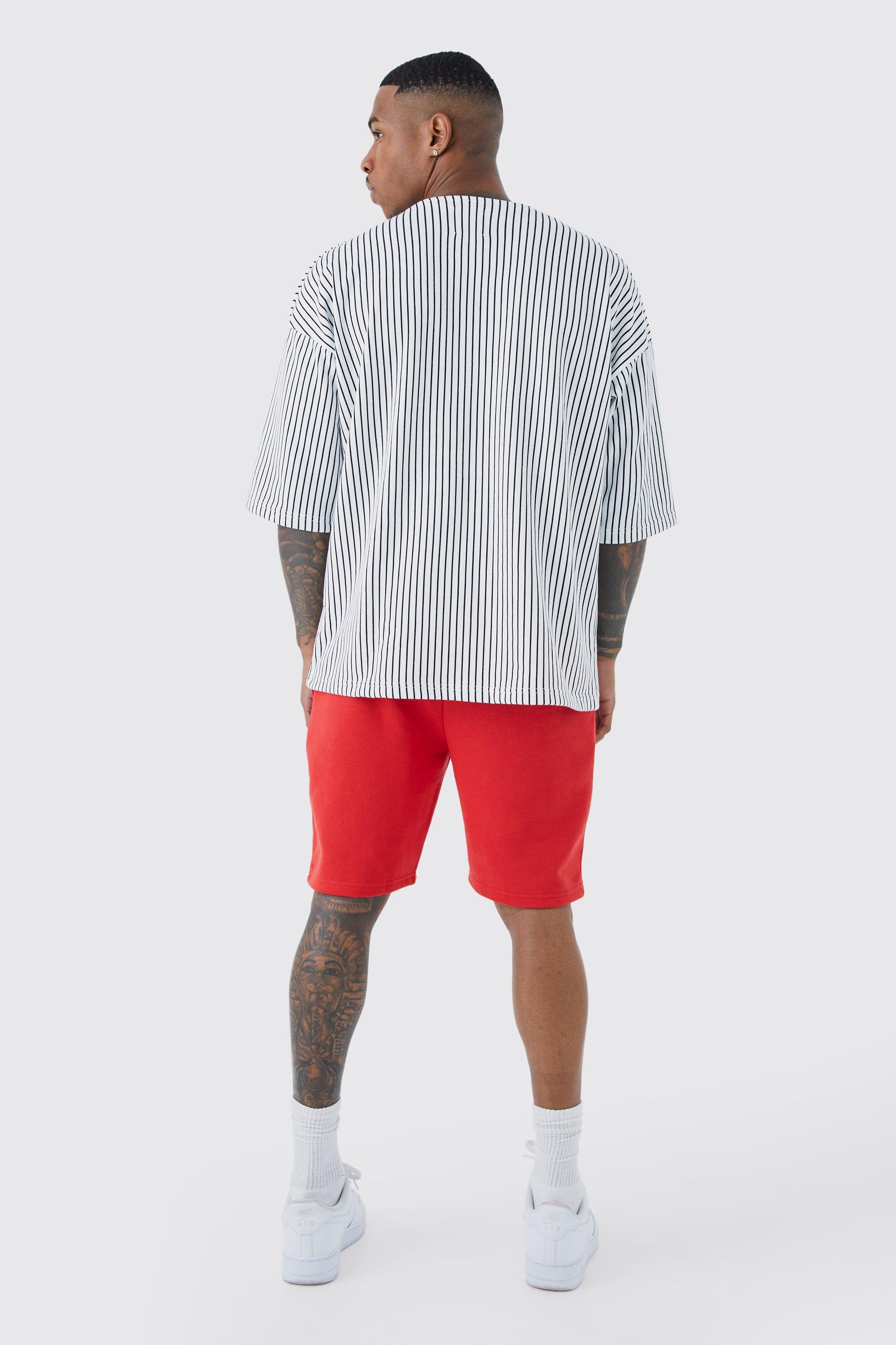 boohoo Mens Oversized Pinstripe Baseball Shirt & Short Set - Red S