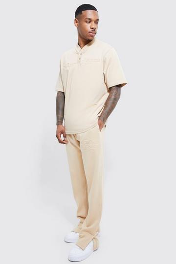 Pour Homme Baseball Embossed Polo & Jogger Set taupe