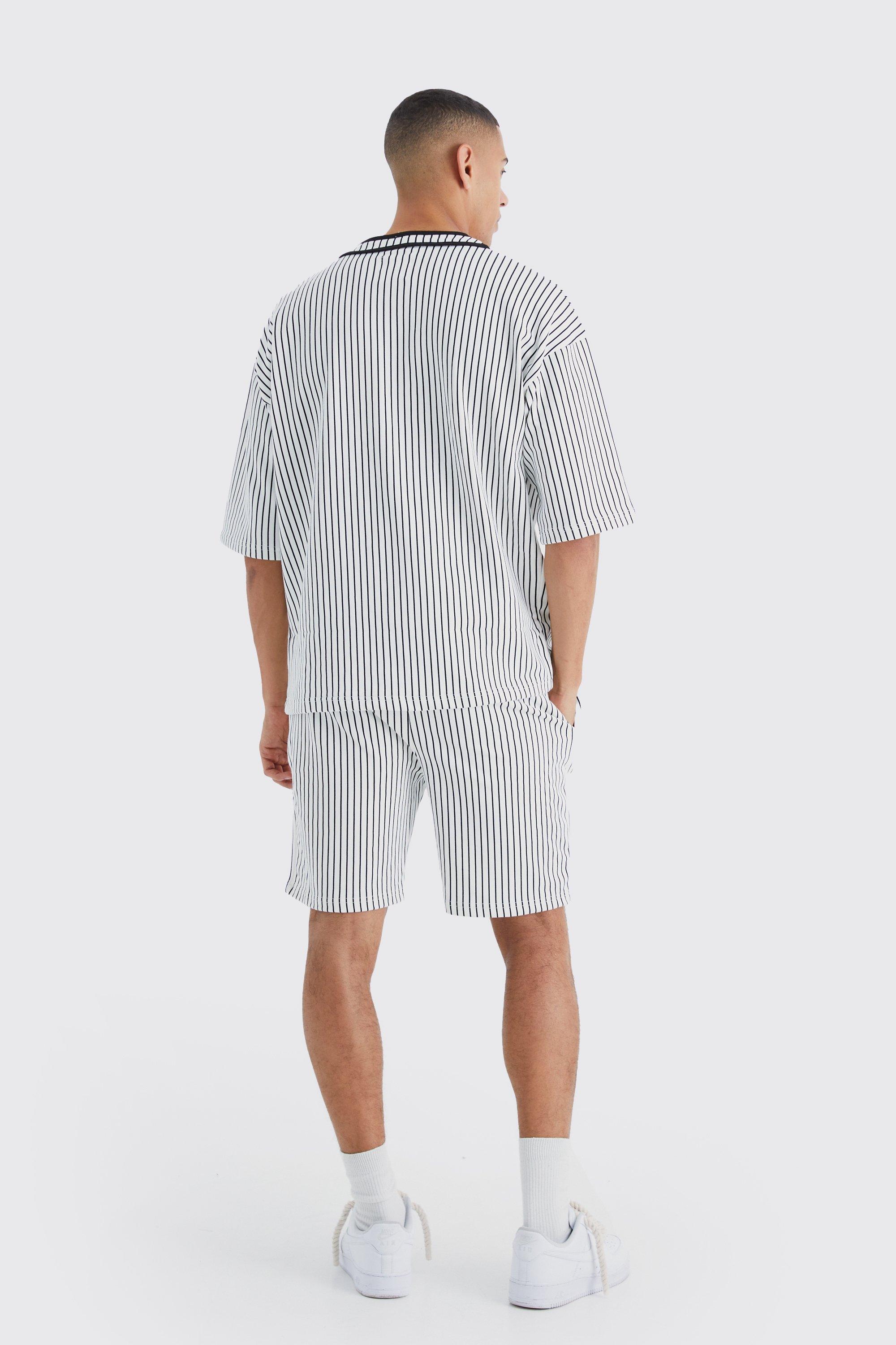 EXAMPLE BASEBALL SHIRT SHORT PANTSセットアップ Oversized Wrldwide Pinstripe Baseball Short Set | boohoo
