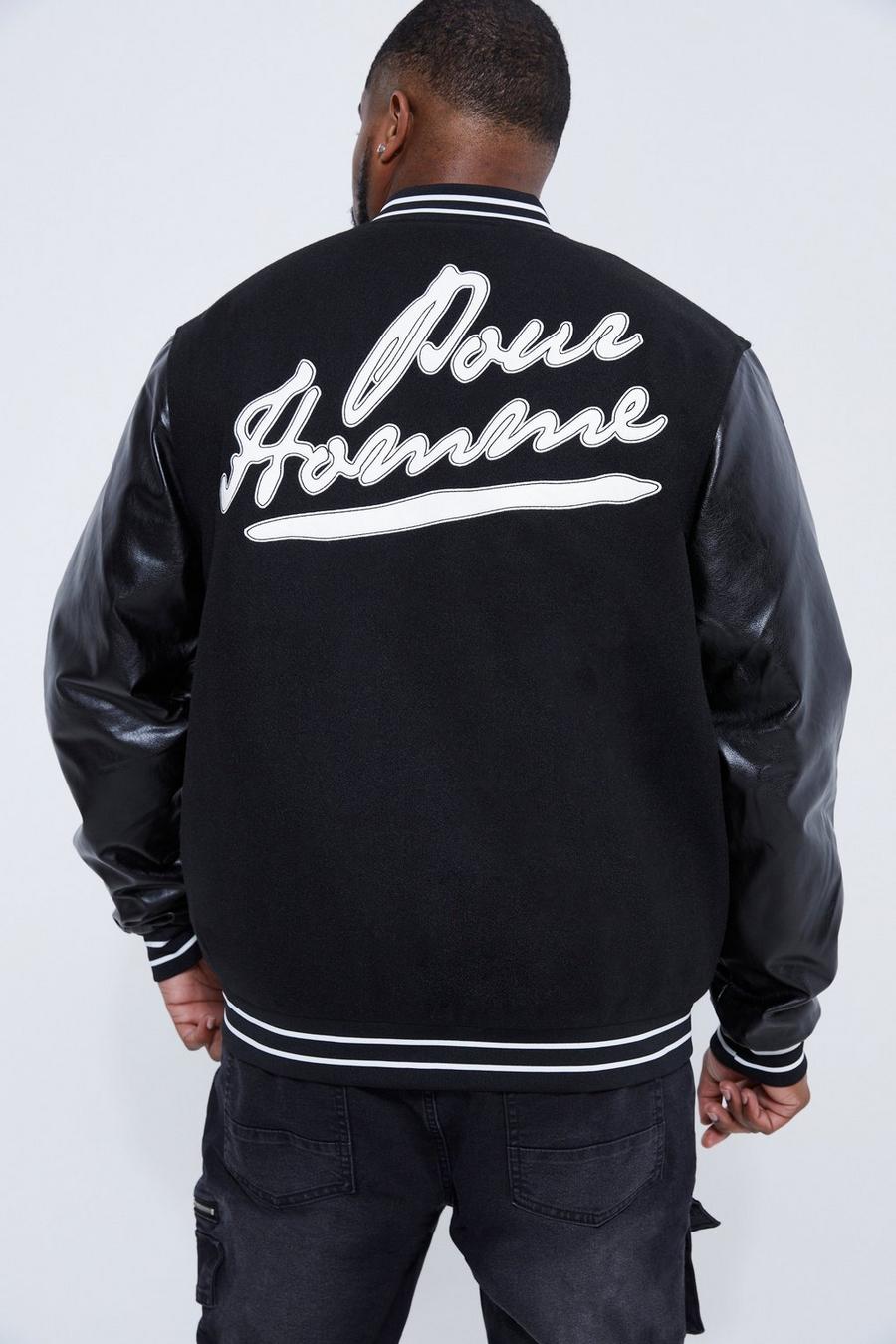 Black Plus Pour Homme Varsity Jacket With Pu Sleeves