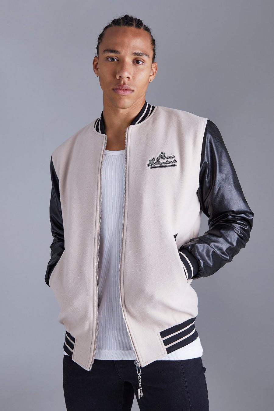 Beige Tall Pour Homme Varsity Jacket With Pu Sleeves