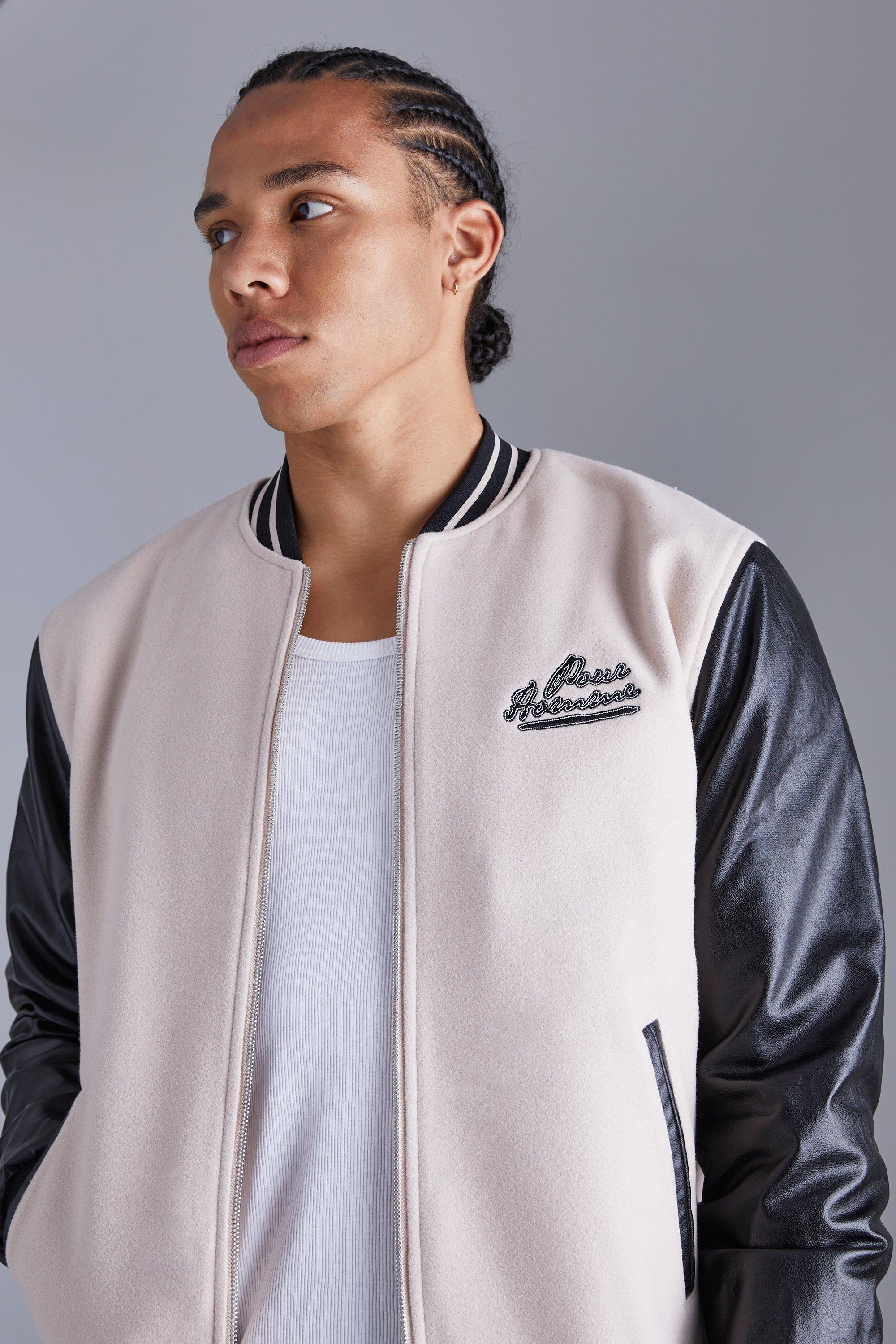 Tall Pour Homme Varsity Jacket With Pu Sleeves